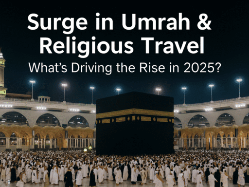 Pilgrims performing Tawaf around the Kaaba at night during Umrah